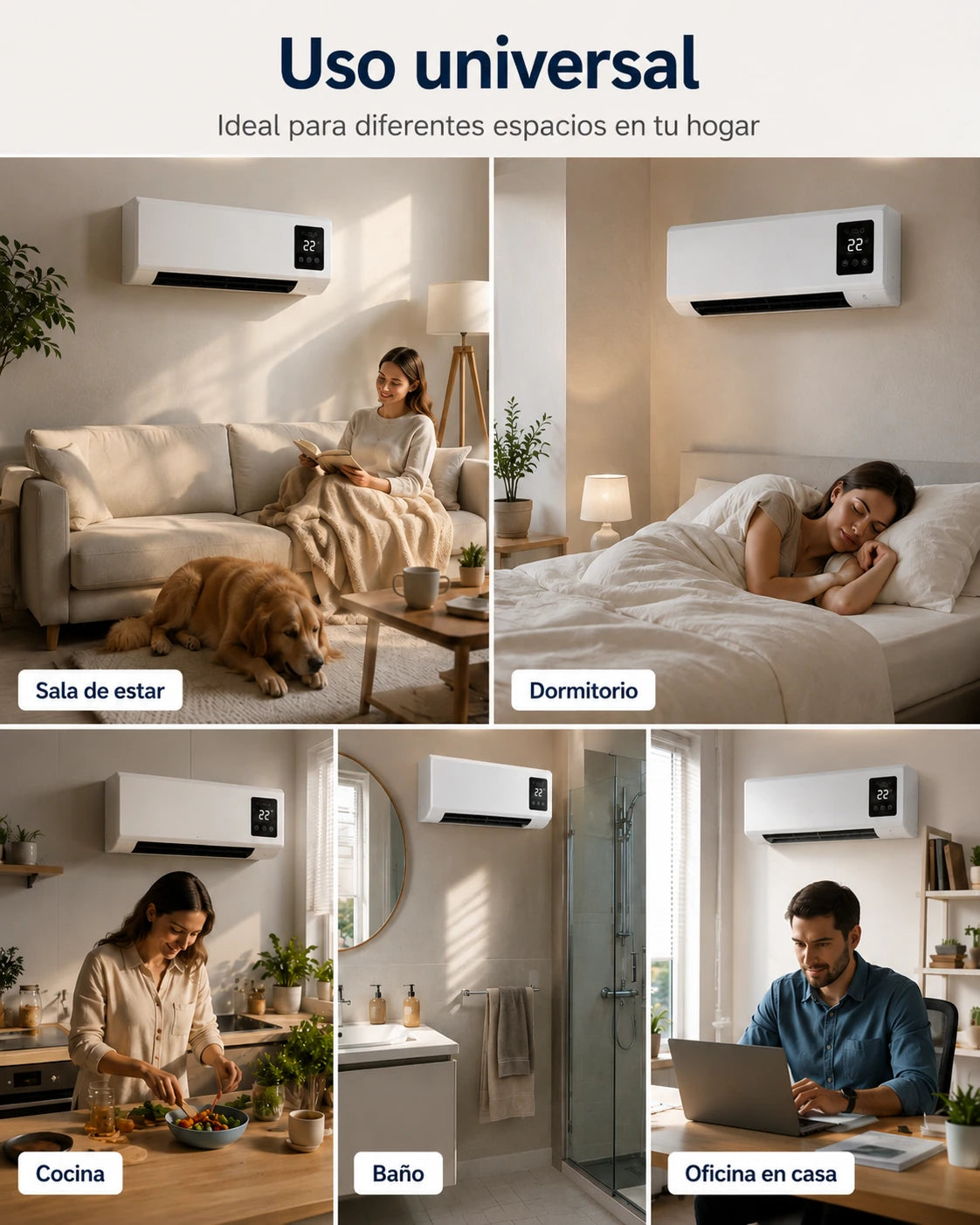 ClimaDuo en sala, dormitorio, cocina, baño y oficina en casa