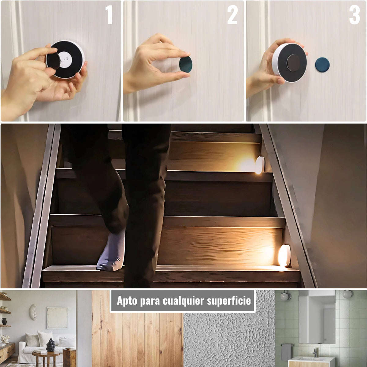 Instalación en 3 pasos, escalera iluminada y apto para cualquier superficie